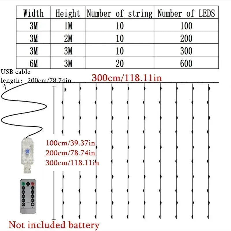 Cortina de luces LED navideña con control (8 modos)