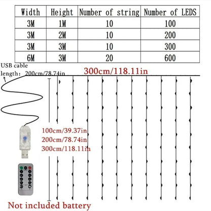 Cortina de luces LED navideña con control (8 modos)