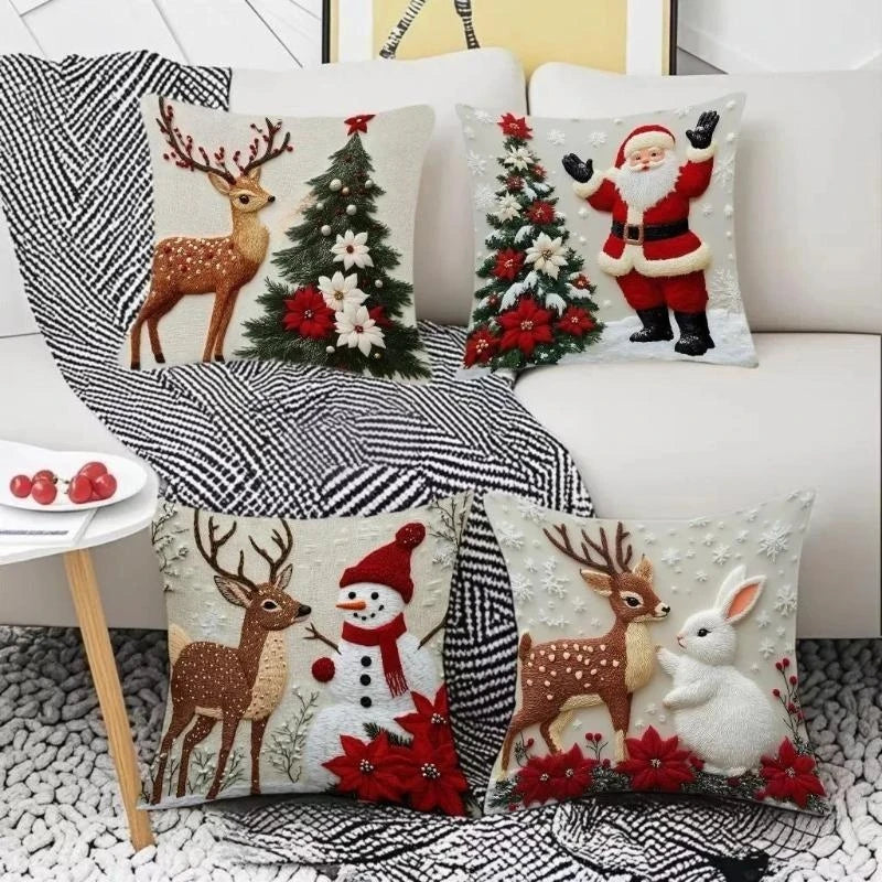 Funda de cojín navideña (renos, Santa y muñeco de nieve)