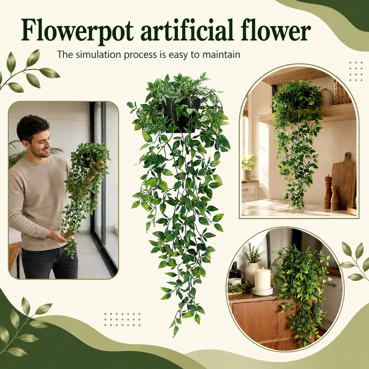 Planta colgante artificial con maceta
